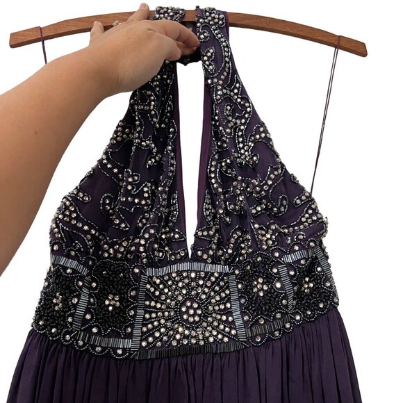 Reem Acra Womens Purple Beaded Sequin Silk Halter Evening Prom Formal Gown 10 - Picture 4 of 7